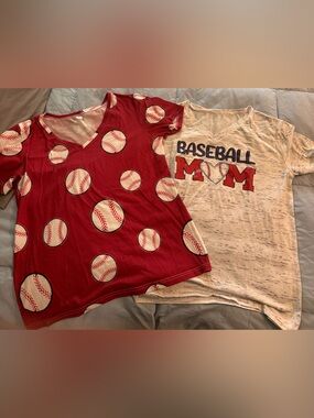 TWO Baseball Mom Print V-Neck Shirts
